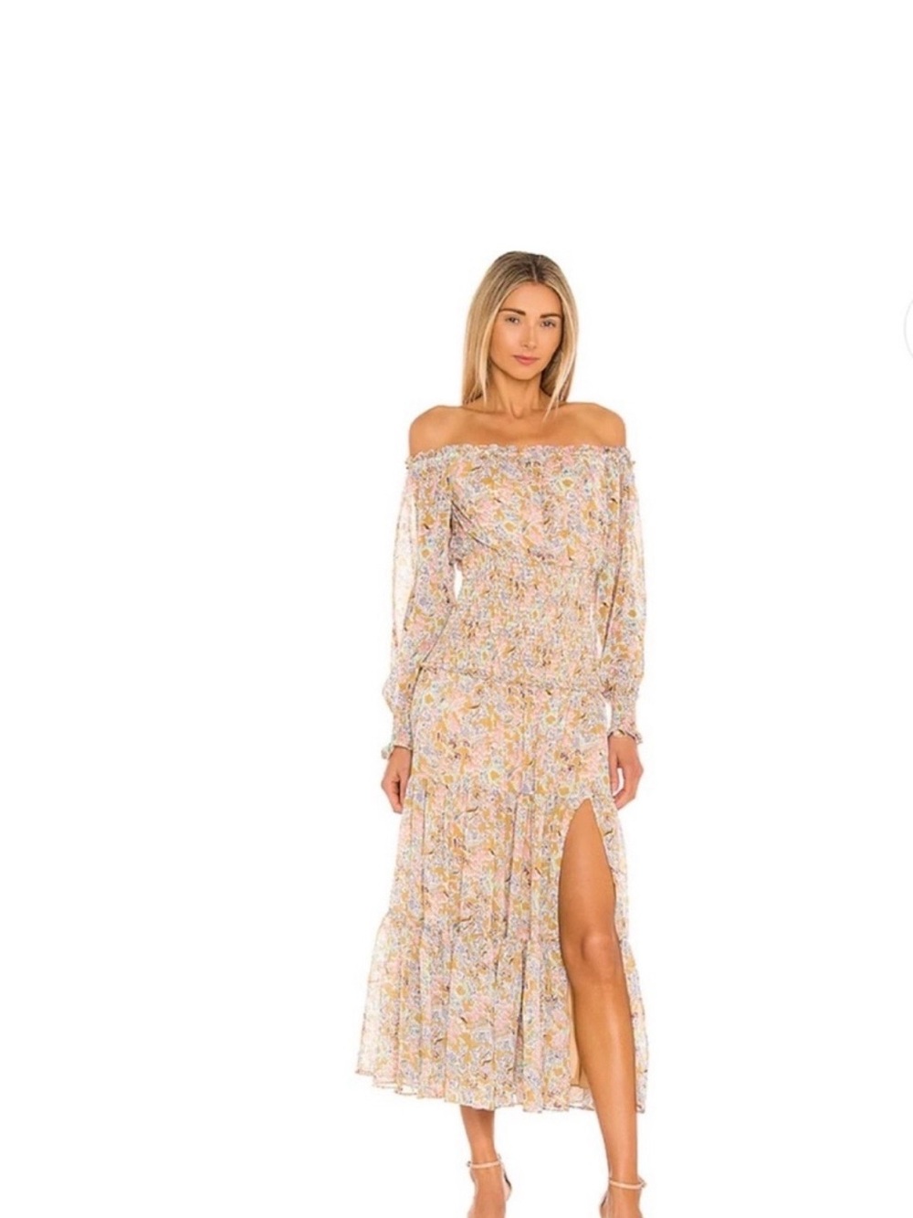 Likely Floral Off-Shoulder Maxi Dress in Light Pink and Yellow
